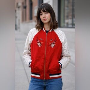 American Eagle Outfitters Red and Cream Embroidered Bomber Jacket